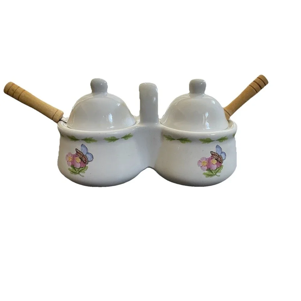 Hallmark‎ Double Condiment Ceramic Bowls Houston & Harvest #31832 w/spoons